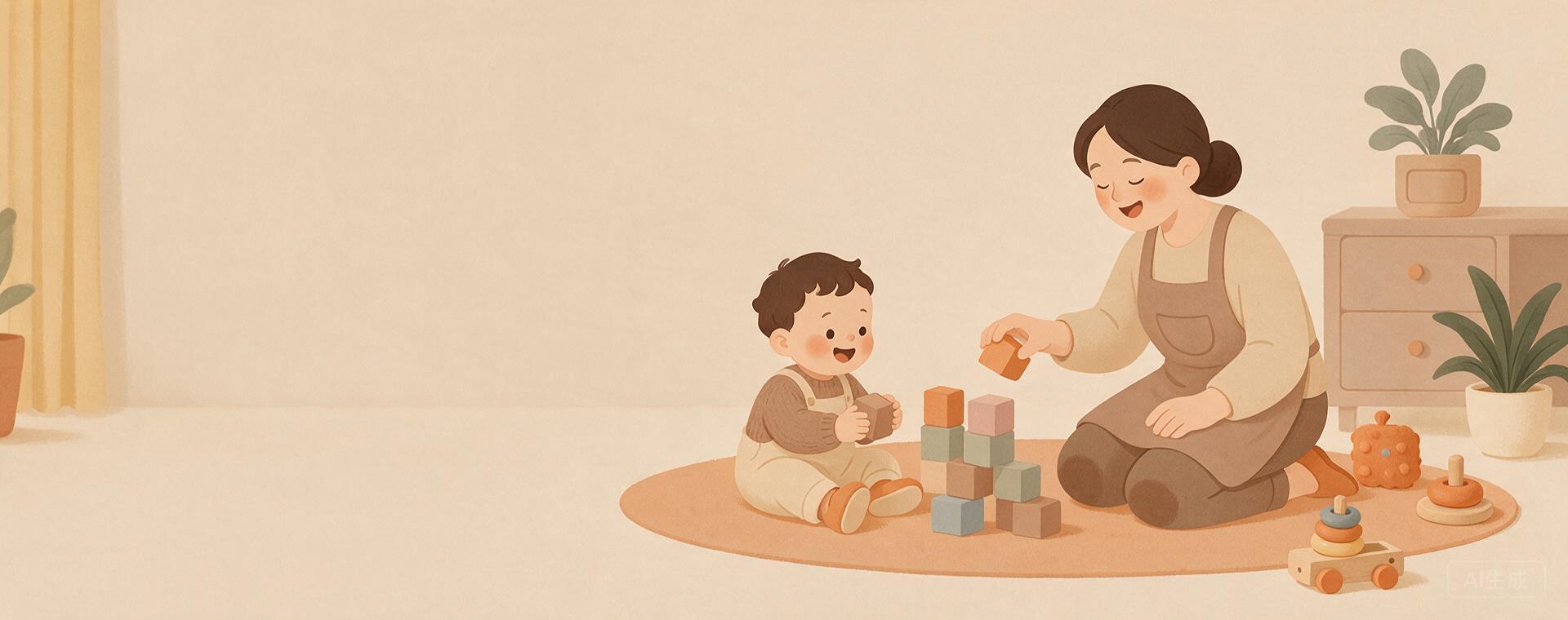 育儿嫂与幼儿互动搭积木的插画