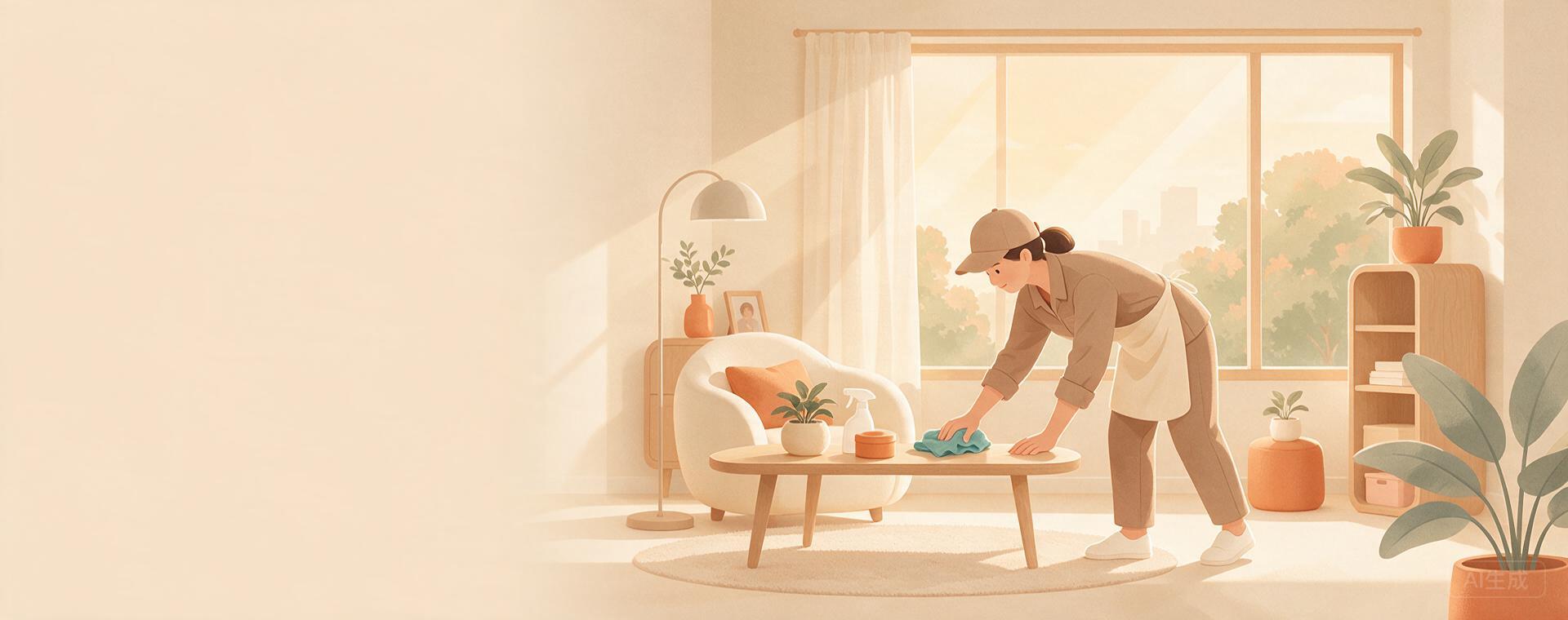 家政人员整理明亮客厅的插画